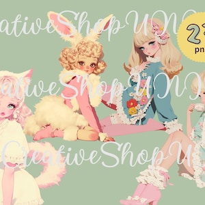 A vintage girl clipart bundle featuring four pastel-colored illustrated girls in retro-style outfits. One girl has cat ears and a tail, another wears a fluffy bunny costume, while others have floral dresses and cozy loungewear. The text includes "23 PNG" and "CreativeShopUNI." Perfect for stickers, crafts, and digital designs.