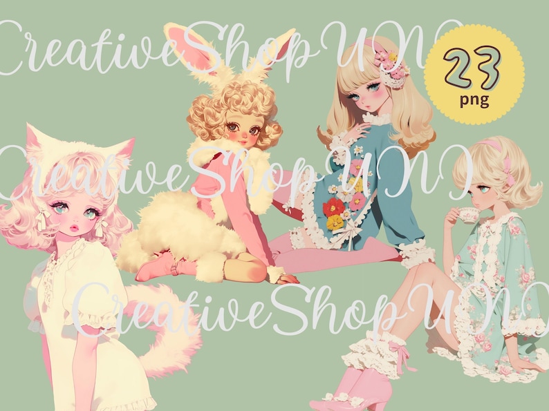 A vintage girl clipart bundle featuring four pastel-colored illustrated girls in retro-style outfits. One girl has cat ears and a tail, another wears a fluffy bunny costume, while others have floral dresses and cozy loungewear. The text includes "23 PNG" and "CreativeShopUNI." Perfect for stickers, crafts, and digital designs.