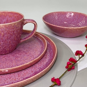 Glazed pink ceramic tableware set — mug, bowl, and two plates | Tableware worthy of a gift | Wholesale available