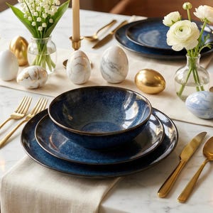 食器セット | ブルーセラミック食器 | 3点セット | ハンドメイドストーンウェア | 素朴な食器 | 陶器セット | ハンドメイドキッチンウェア