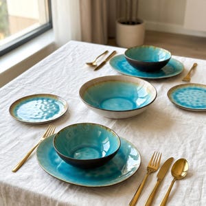 Servizio da tavola blu per il Ringraziamento / Piatti in ceramica fatti a mano per la tavola delle feste / Regalo rustico in ceramica / Keramik Tischgeschirr / Set festivo