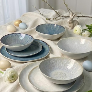 Dinnerware set | Handmade Ceramic | 4-Piece Stoneware | Rustic Pottery Dish | Custom Colors | Wholesale Dinnerware | Pottery Set | Plates