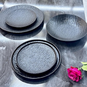 Black Ceramic Dinnerware Set (5-Piece) – Dinner & Salad Plates, Bowl | Handmade Tableware | Wholesale Available