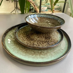 Handcrafted Ceramic Dinnerware Set: Rustic Glazed Plates, Green Dinner Set 3-Piece
