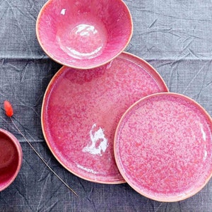 Vajilla de cerámica rosa / Juego o artículos individuales / Juego de cena / Juego de platos de cerámica / Juego de platos y cuencos hechos a mano / Venta al por mayor disponible