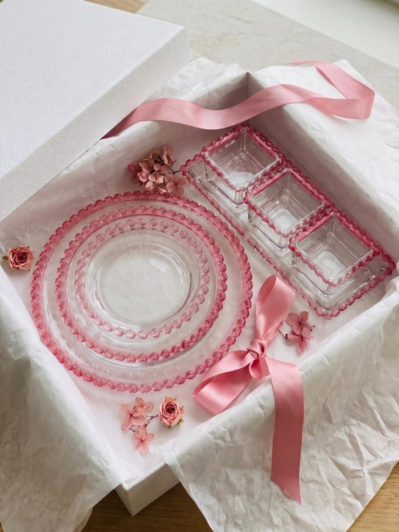Beaded-edge Pink Glass Tableware Set | Handmade Romantic Dinnerware ...