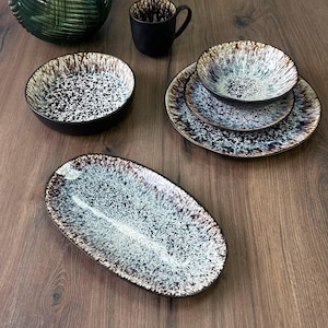 Rustic Speckled Ceramic Dinnerware Set – Handmade Plates & Bowls for Home, Café, Wholesale Available | 5 items in a set | Dinner set plates