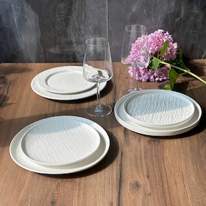 Handmade Ceramic Dinnerware Set of 7 | White Stoneware Plates & Serving Platter | Wedding, Housewarming, Christmas Gift | Wholesale
