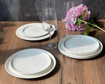 Textured White Stoneware Dinnerware Set 7-Piece | Handmade Plates & Platter for Home, Wholesale Available