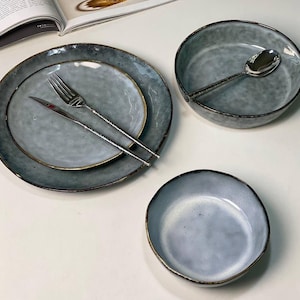 Handmade Gray Ceramic Dinnerware Set | 4 PCS Plates & Bowls | Restaurant Tableware | Wholesale Prices | Wedding Gift | Bulk Order Ready