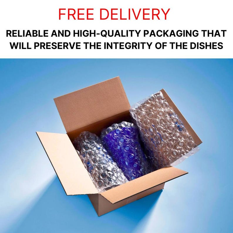 May include: A brown cardboard box with its lid open, revealing three items wrapped in bubble wrap. The items are partially visible and appear to be blue. The box is sitting on a light blue surface.