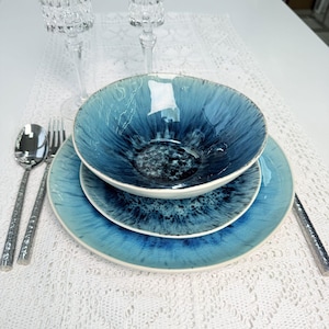 Blue Ceramic Dinnerware Set | Handmade Pottery Plate & Bowl Set | Stoneware Dinner Set | Unique Tableware | Dinner Set | Set of 4 items