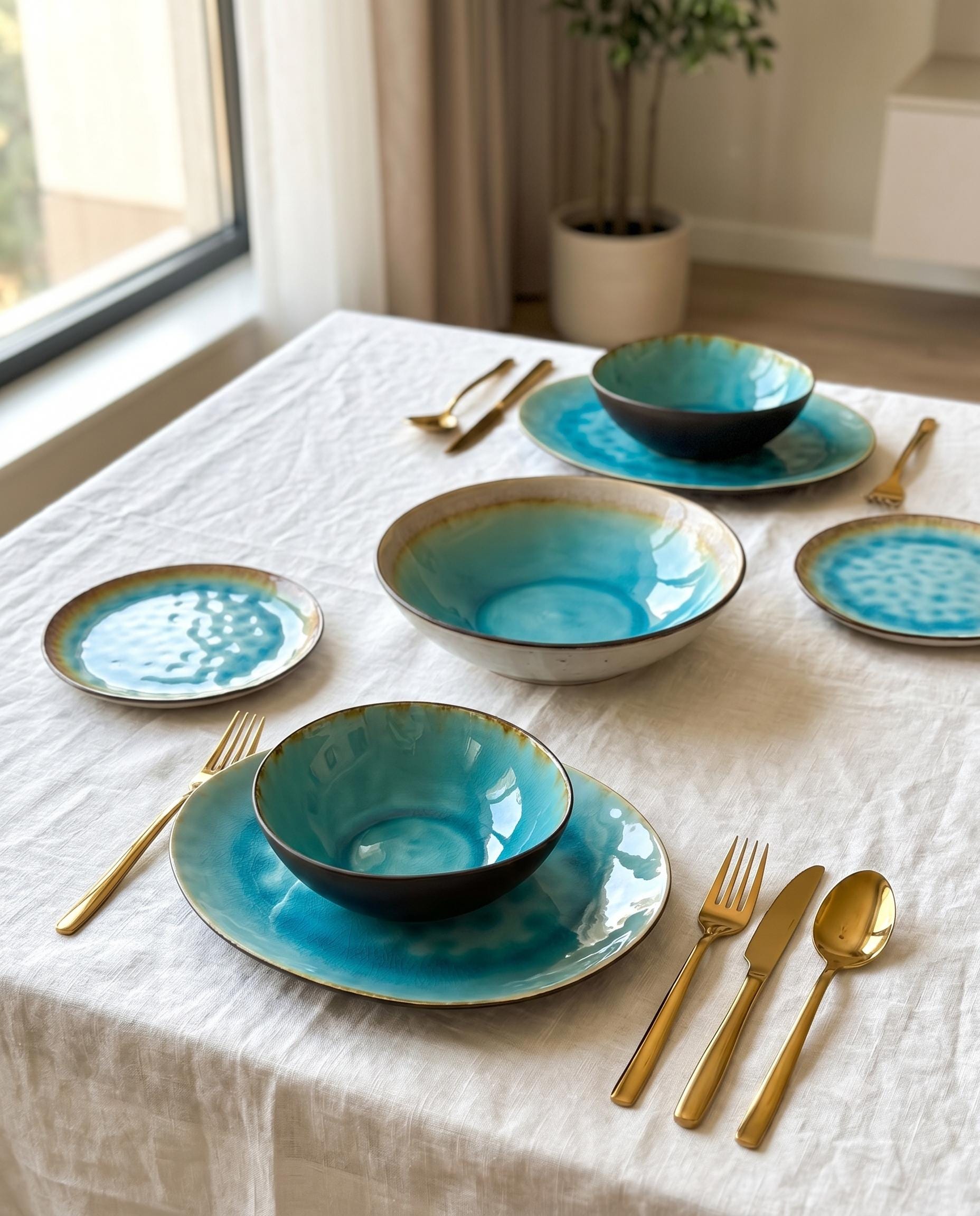 Blue Thanksgiving Dinnerware Set | Handmade Ceramic Plates for Holiday Table | Rustic Pottery Gift | Keramik Tischgeschirr | Festive Set
