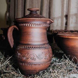 Pitcher wine, Pitcher of red clay, Stoneware engraved, Clay pot, Clay pot for water, Jug with handle, Unglazed pottery, Terracotta pot
