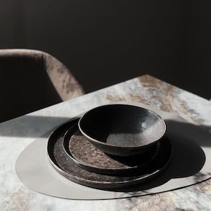Gray Ceramic Dinnerware Set Handmade | Dark Stoneware Plates & Cup ...