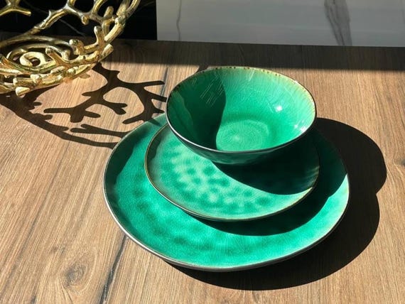 Geschirr-Set Smaragdgrün | Handgefertigte Keramikteller Geschenk | Hochzeitsgeschirr | Vaisselle Verte Émeraude | Keramik Geschirr | Teller Set