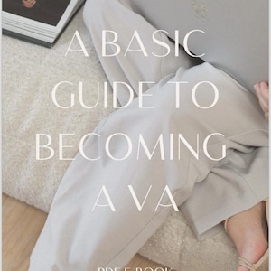 May include: Image showing a laptop and the text "A BASIC GUIDE TO BECOMING A VA" and "PDF E-BOOK BY AMALIA". The person is wearing light-coloured trousers and sandals, with a book visible.