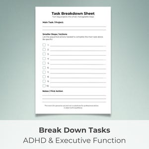 Feuille de répartition des tâches pour le TDAH | Planificateur de projet imprimable et aide aux fonctions exécutives | Organiseur de liste de tâches