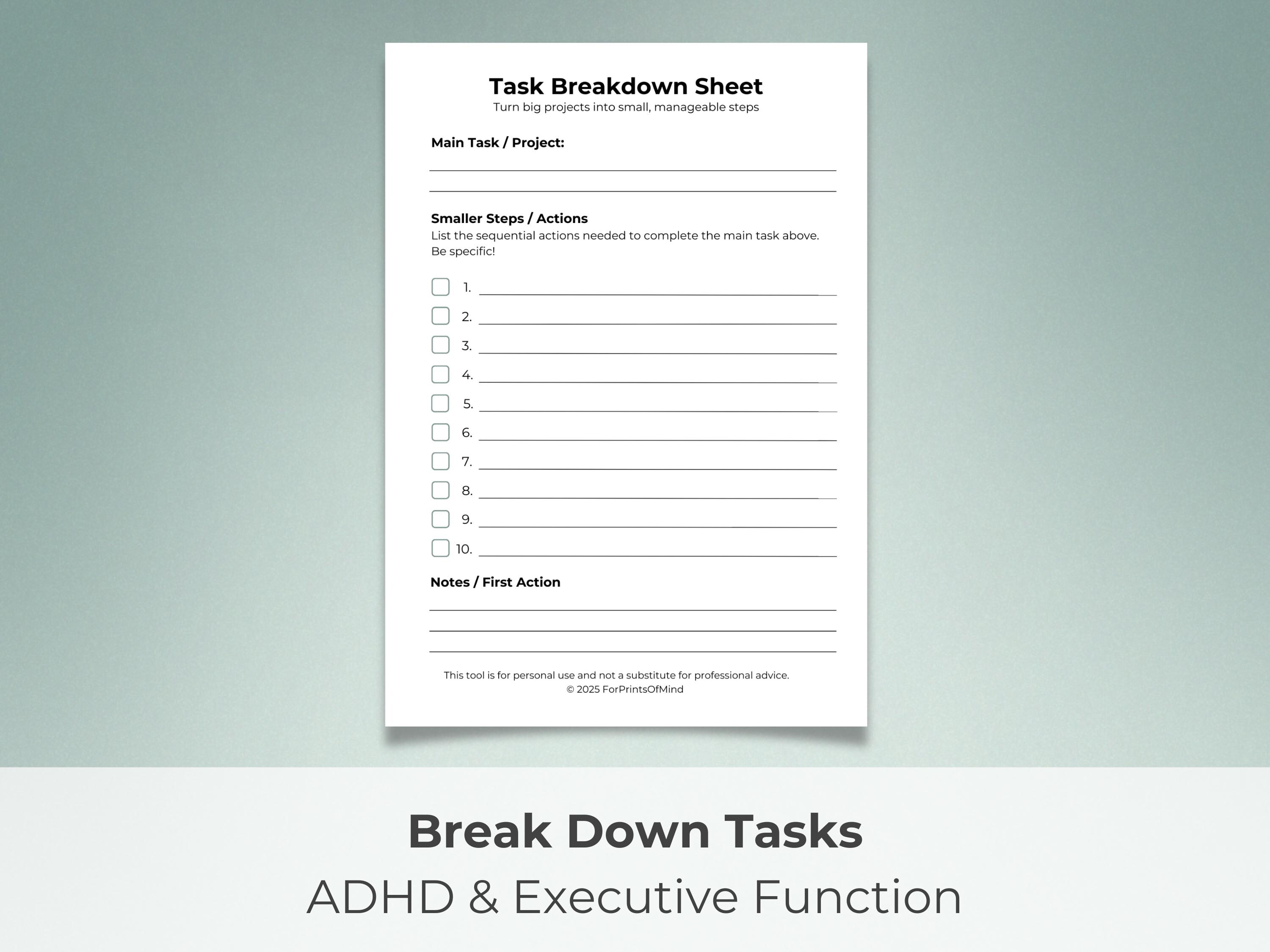 Task Breakdown Sheet for ADHD | Printable Project Planner & Executive ...