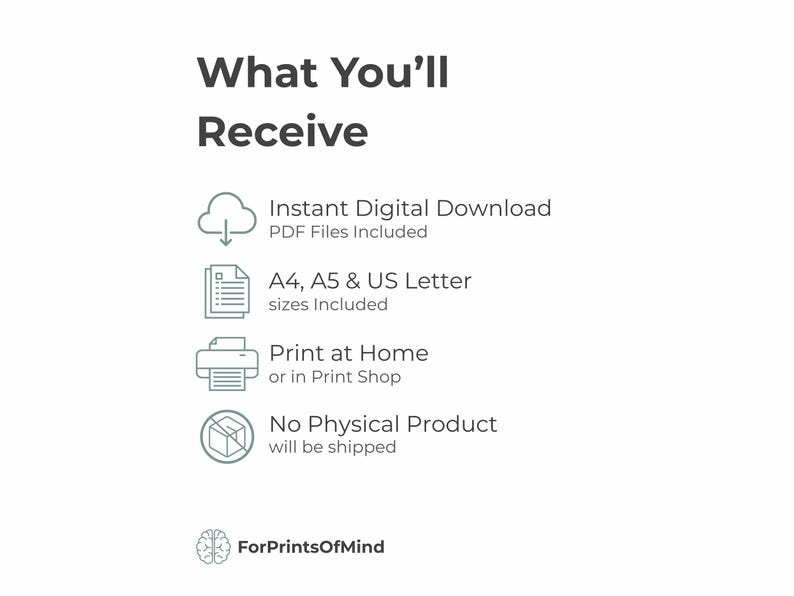 Infographic titled 'What You’ll Receive' explaining the digital nature of the product. It features four icons clarifying that this is an instant digital download with PDF files included, available in A4, A5, and US Letter sizes. It notes that it can be printed at home or a print shop and that no physical product will be shipped.