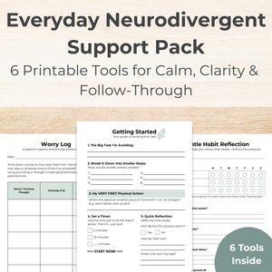 Paquete imprimible para adultos con TDAH: hojas de trabajo sobre función ejecutiva, autocuidado, ansiedad y alimentación intuitiva (kit digital en PDF, A4, A5, carta)