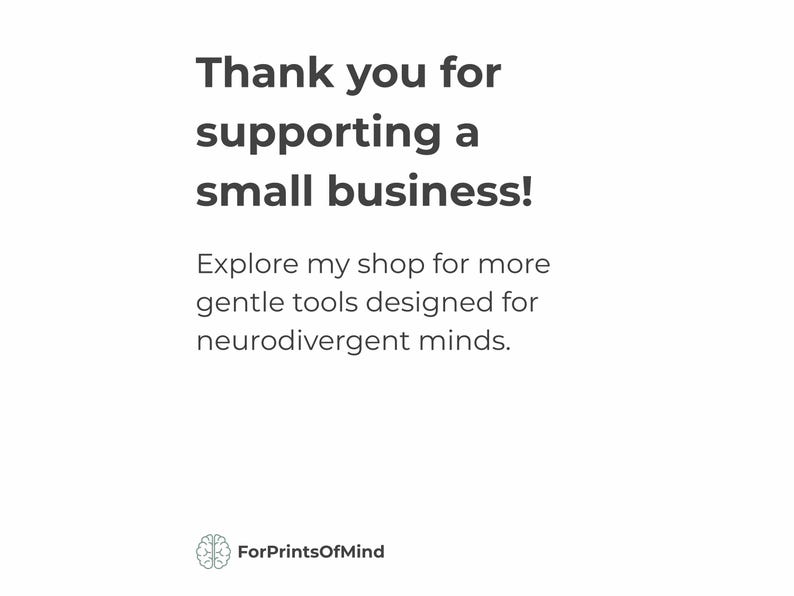 A thank you graphic from the ForPrintsOfMind shop. Text encourages exploring the shop for more gentle tools for neurodivergent minds.