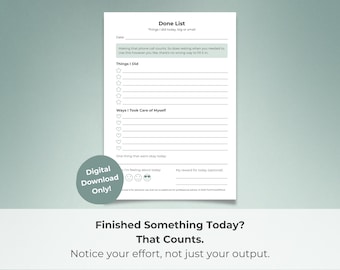 Done List Worksheet, ADHD Daily Wins Printable, Neurodivergent Self-Care Tracker