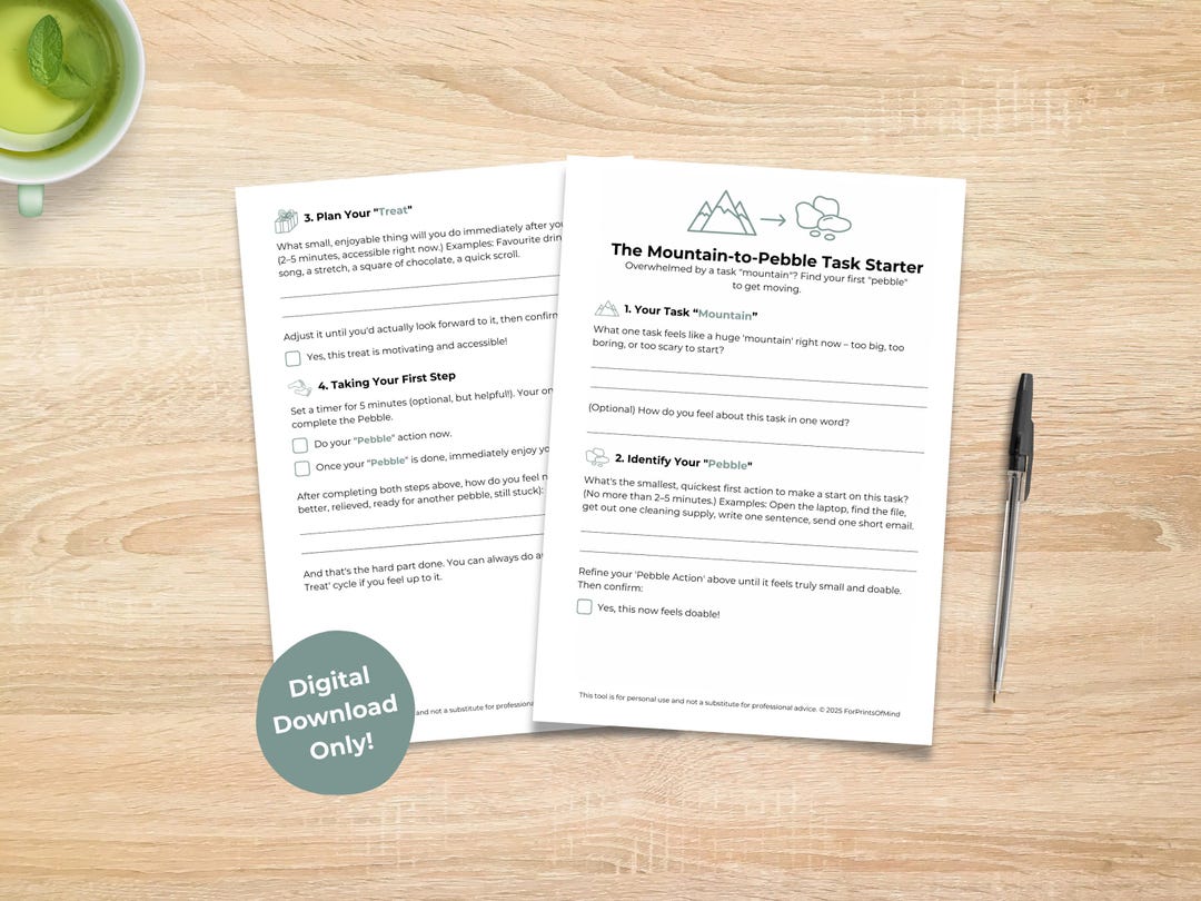 ADHD Task Initiation Worksheet: Mountain to Pebble Executive Function ...