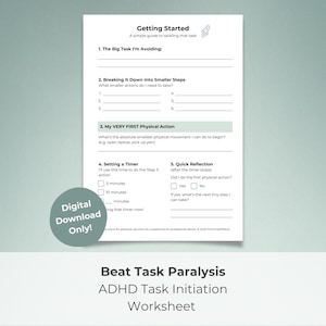 Task Initiation Worksheet, ADHD Procrastination Printable, Executive Function