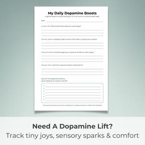 Hoja de trabajo diaria sobre el menú de dopamina y la alegría / TDAH imprimible para el agotamiento, el estado de ánimo y la motivación / Autocuidado neurodivergente (PDF) / Tamaño carta (A4/A5)