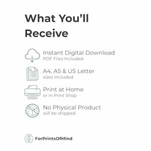 Graphic explaining what's included: an instant digital download in PDF format, A4, A5 & US letter sizes. Highlights that no physical product will be shipped.