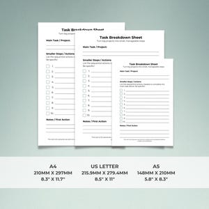 Three versions of the Task Breakdown Sheet shown side by side against a muted sage green background, comparing available sizes. Labels below read: A4 (210mm x 297mm, 8.3" x 11.7"), US Letter (215.9mm x 279.4mm, 8.5" x 11"), and A5 (148mm x 210mm, 5.8" x 8.3"). Each worksheet displays the same layout with title, Main Task/Project, Smaller Steps/Actions with 10 checkbox lines, and Notes/First Action. A4 is tallest, A5 is smallest.