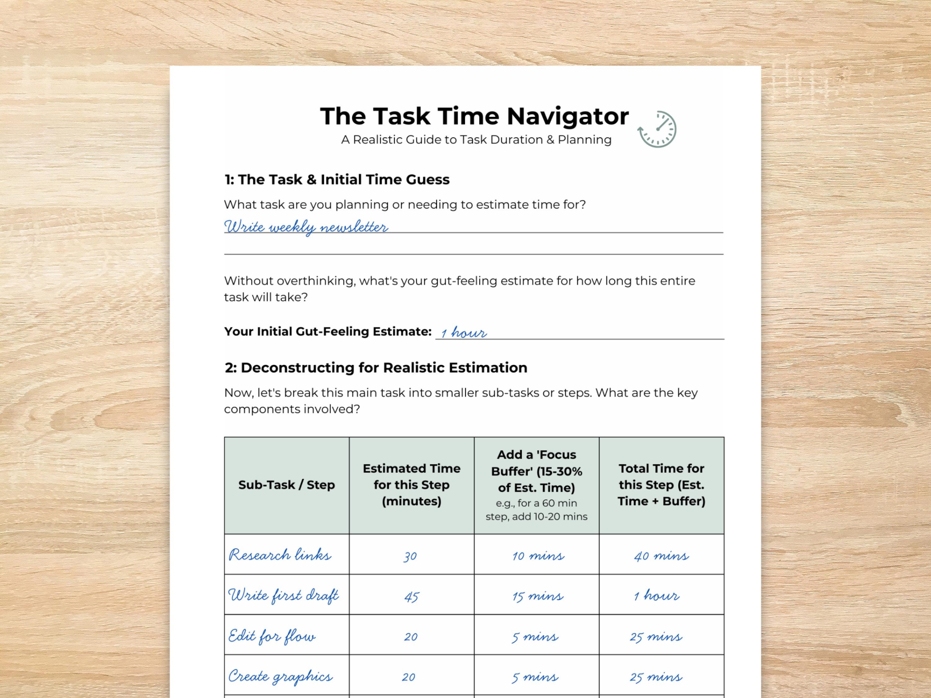 ADHD Time Management Worksheet: Task Duration Estimator for Time ...