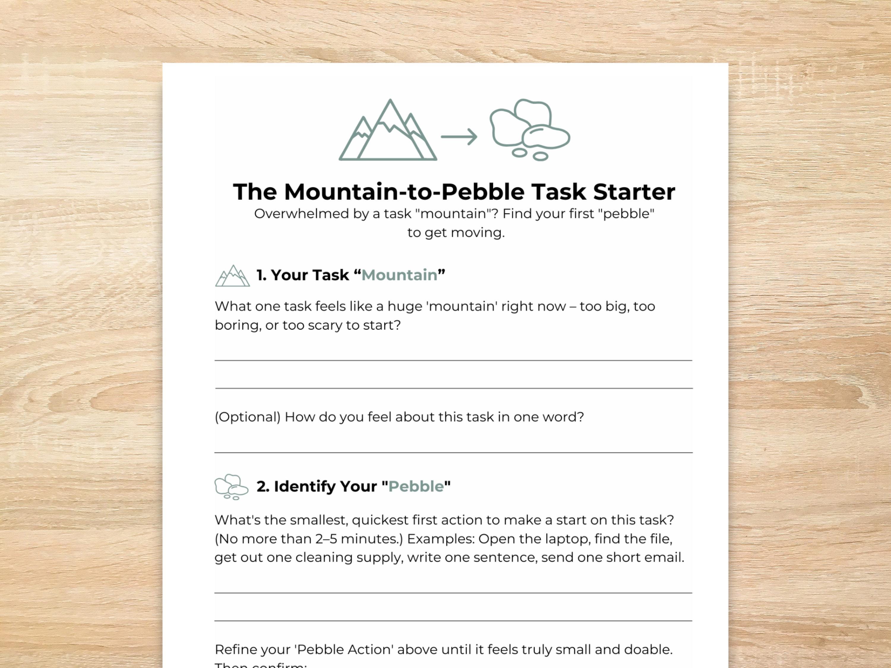 ADHD Task Initiation Worksheet: Mountain to Pebble Executive Function ...
