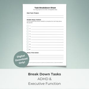 Hoja de desglose de tareas para TDAH / Planificador de proyectos imprimible y ayuda para la función ejecutiva / Organizador de listas de tareas