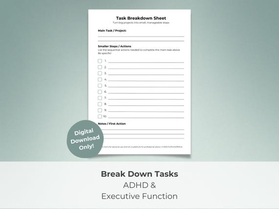 Task Breakdown Sheet for ADHD | Printable Project Planner & Executive Function Aid | To-Do List Organizer