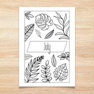 Portada de diario imprimible de julio / Portada botánica para planificadores / Hoja para colorear minimalista / Descarga instantánea