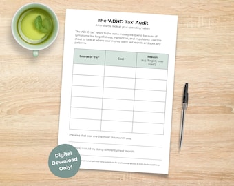 ADHD Expense Tracker Worksheet, Spending Audit for Neurodivergent Adults