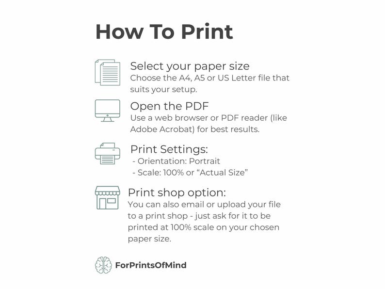 A step-by-step 'How to Print' guide for digital PDF planners. The text instructs buyers to select their paper size, open the file in a PDF reader, and use portrait orientation at 100% scale for best results. It also mentions the option to send the files to a professional print shop.