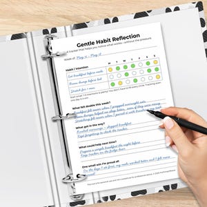 A realistic binder mockup showing a filled-in Gentle Habit Reflection sheet. Entries include “Eat breakfast before meds” and notes on what got in the way, what helped, and a small win.
