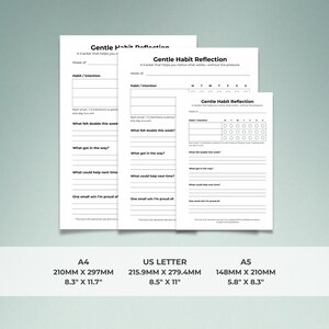 Size comparison chart for the 'Gentle Habit Reflection' printable worksheet. Shows three versions of the sheet scaled for A4, US Letter, and A5 paper sizes. Includes precise dimensions for each: A4 (8.3 x 11.7 in), US Letter (8.5 x 11 in), and A5 (5.8 x 8.3 in). The design features a minimalist layout with habit trackers and reflection prompts, set against a calming soft sage green background.
