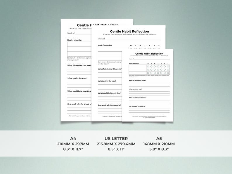 Size comparison chart for the 'Gentle Habit Reflection' printable worksheet. Shows three versions of the sheet scaled for A4, US Letter, and A5 paper sizes. Includes precise dimensions for each: A4 (8.3 x 11.7 in), US Letter (8.5 x 11 in), and A5 (5.8 x 8.3 in). The design features a minimalist layout with habit trackers and reflection prompts, set against a calming soft sage green background.