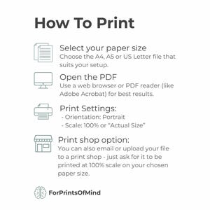 How to print instructions for the digital worksheet. Icons show steps for selecting paper size, using a PDF viewer, and adjusting print settings for best results.