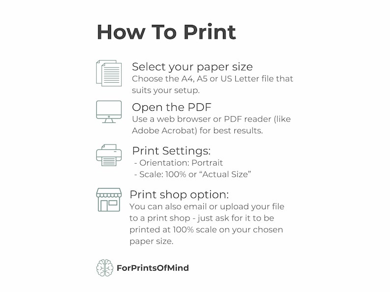 How to print instructions for the digital worksheet. Icons show steps for selecting paper size, using a PDF viewer, and adjusting print settings for best results.