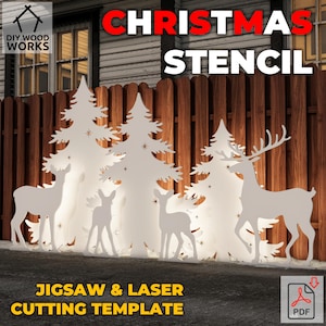 Puede incluir: Plantilla navideña blanca con siluetas de ciervos y abetos. El texto "CHRISTMAS STENCIL" está en rojo y blanco. También es visible el texto "JIGSAW & LASER CUTTING TEMPLATE". El logotipo de DIY Wood Works está en la esquina superior izquierda.