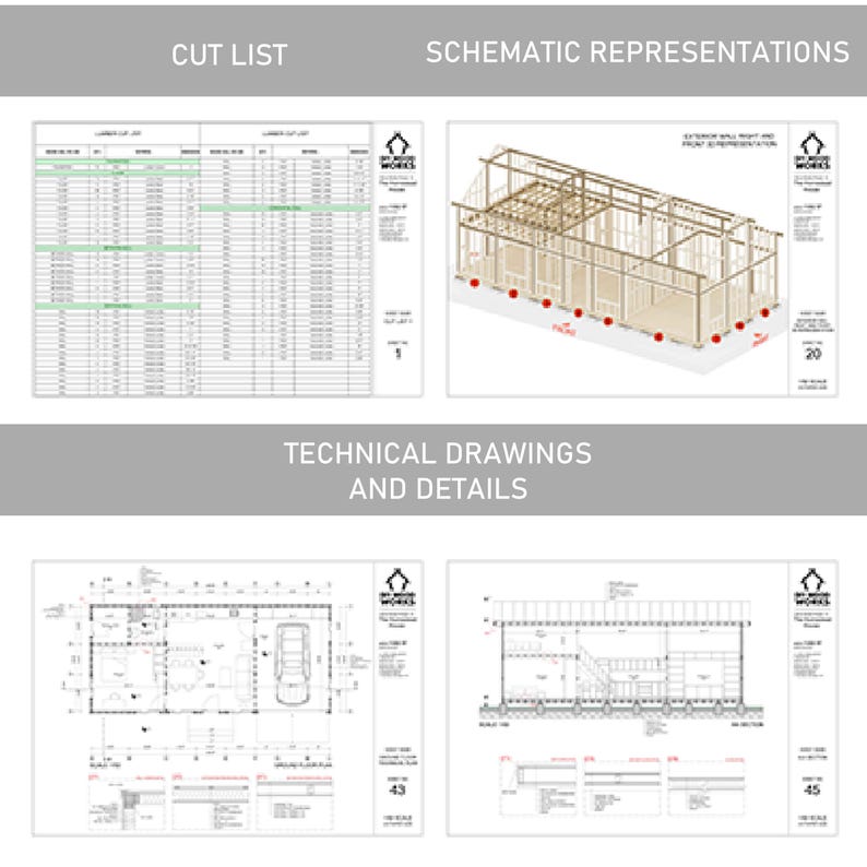 May include: A set of technical drawings for a house plan. The drawings include a cut list, schematic representations, and technical drawings and details. The drawings are labeled with numbers and include text.