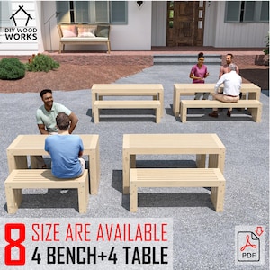 May include: Four wooden benches and four wooden tables are arranged in a patio setting. The tables and benches are made of light-colored wood with a slatted design. The text "8 SIZE ARE AVAILABLE 4 BENCH+4 TABLE" is displayed in red and white on a black background. A PDF icon is displayed in the lower right corner of the image.