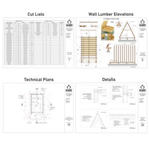 May include: A set of technical plans for building a small house. The plans include cut lists, wall lumber elevations, and details. The plans are labeled "DIY Wood Works" and "The Evergreen Bungalow".