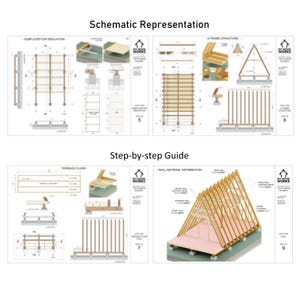 May include: A step-by-step guide to building a small wooden structure. The guide includes diagrams and illustrations showing the construction process, including the frame, walls, and roof. The text includes the phrase "DIY Wood Works".