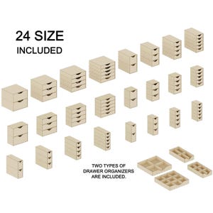 May include: 24 different sizes of wooden drawer organizers. The organizers are made of natural wood and have a light brown color. Two types of organizers are included: one with drawers and one with compartments. The text "24 SIZE INCLUDED" is printed at the top of the image.